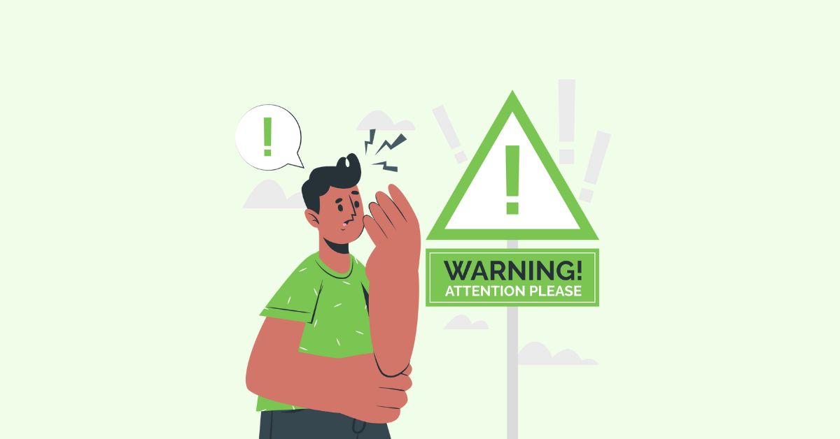 Hombre mirando una señal de advertencia sobre los riesgos de descargar Wasabi Theme gratis o nulled