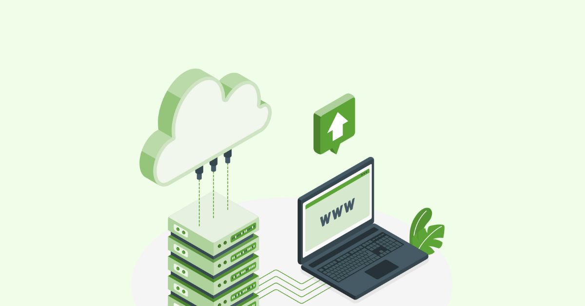 Illustration of a server connected to a cloud and linked to a laptop, representing WordPress hosting