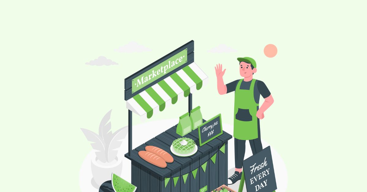 Illustration eines Mannes, der Lebensmittel an seinem Marktstand verkauft – Symbol für gelebte Marktsegmentierung