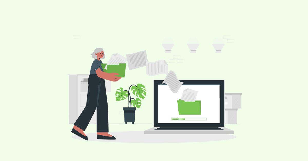 Illustration einer Frau, die Dateien aus einem Ordner, den sie hält, auf einen Laptop hochlädt, wobei die Papiere visuell in den Laptop gehen – Symbol für die Auswahl professioneller und Premium-WordPress-Themes