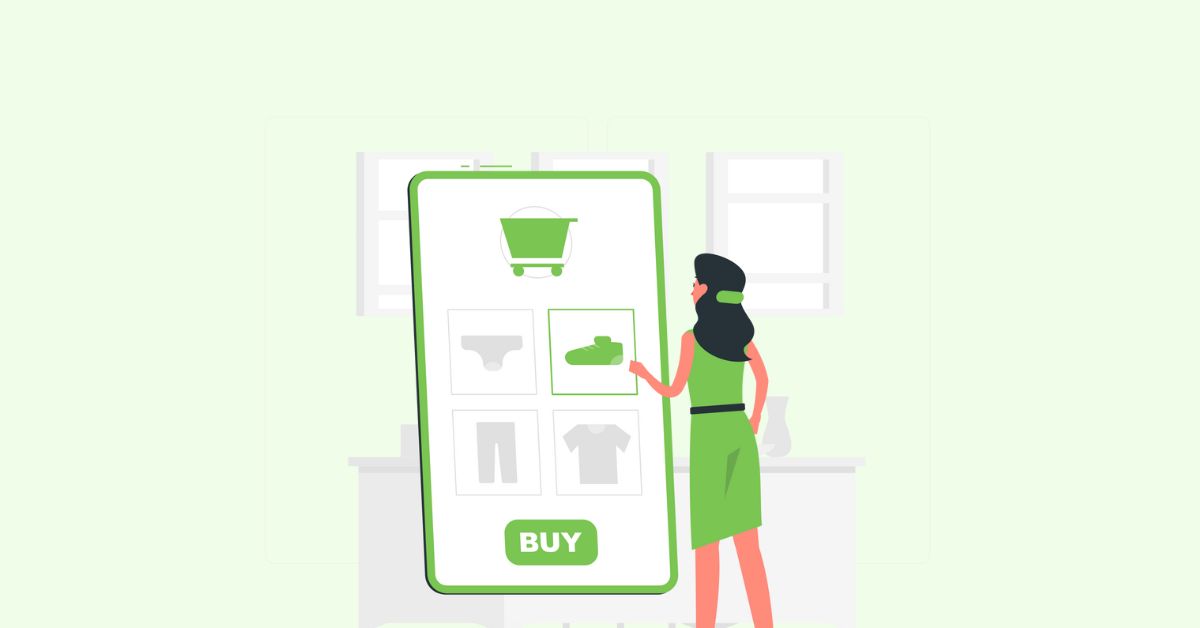 Ilustración de una mujer comprando en un teléfono inteligente grande, representando cómo encontrar un nicho rentable en Amazon
