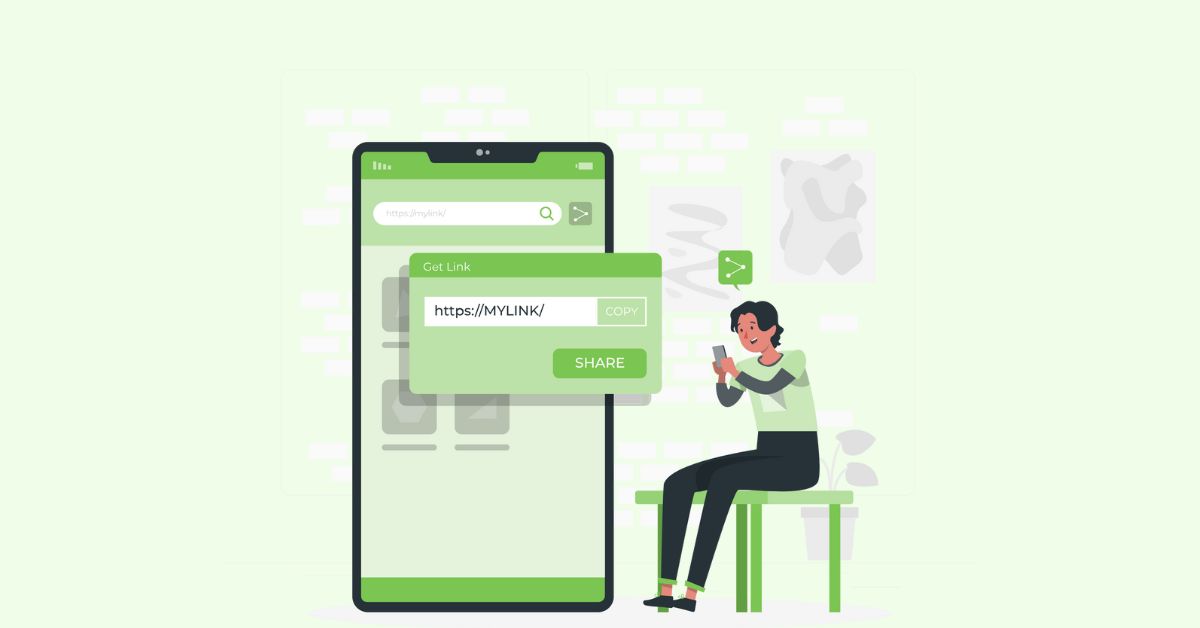 Illustration of a man sitting down and looking at his phone, with a link displayed on the screen, representing buying quality SEO backlinks