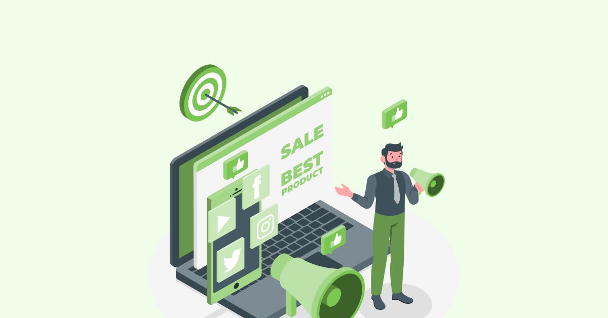 Illustration eines Mannes, der vor einem Laptop mit der Aufschrift „Sale Best Product“ steht und ein Megafon hält – Symbol für die Bewerbung von Affiliate-Produkten mit Webgains