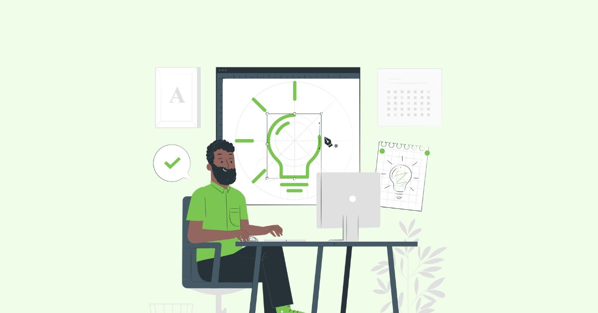 Ilustración de un hombre sentado en su ordenador de escritorio, diseñando un favicon para un sitio web de WordPress