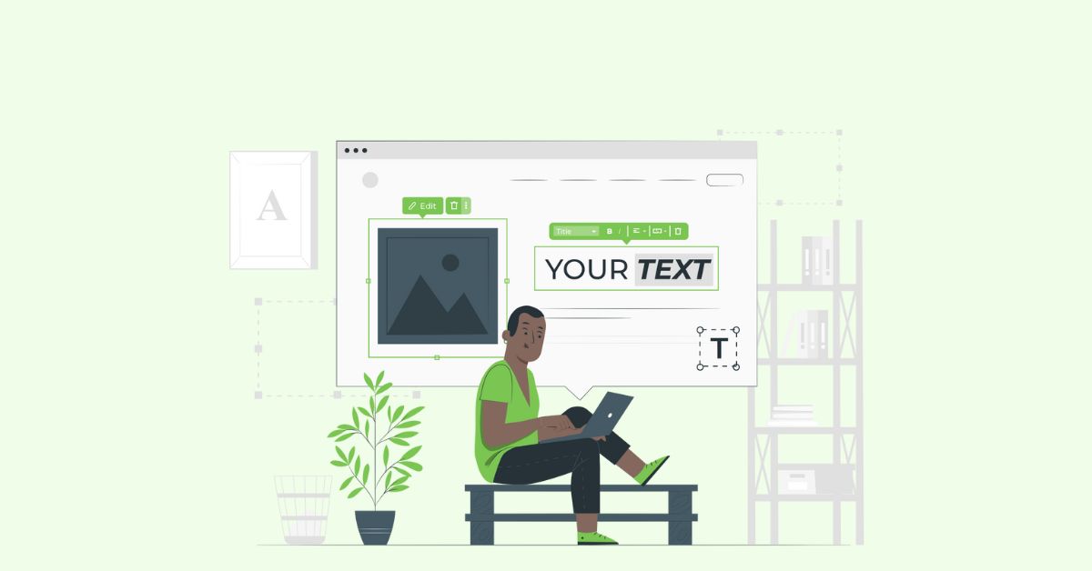 Ilustración de un hombre sentado con su portátil, construyendo un sitio web, representando la configuración de WordPress multisite